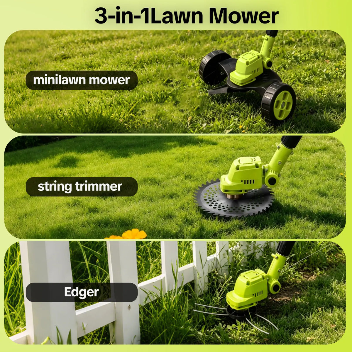 21V cordless lawn tool shown in mower, trimmer and edger modes