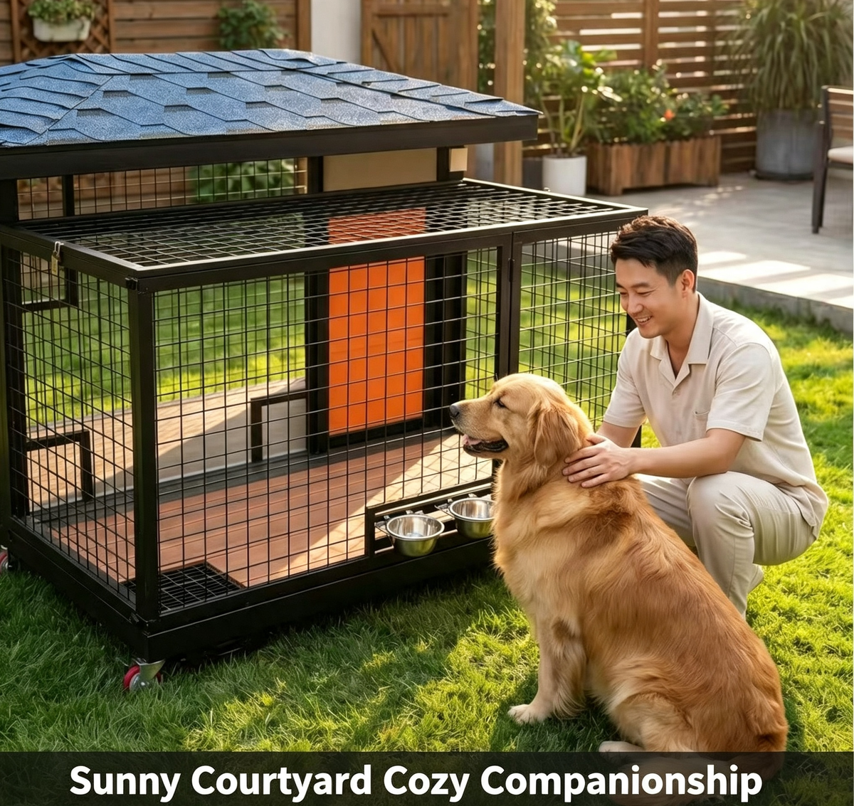 Outdoor Dog House with Wheels and Feeding Bowls product view 3