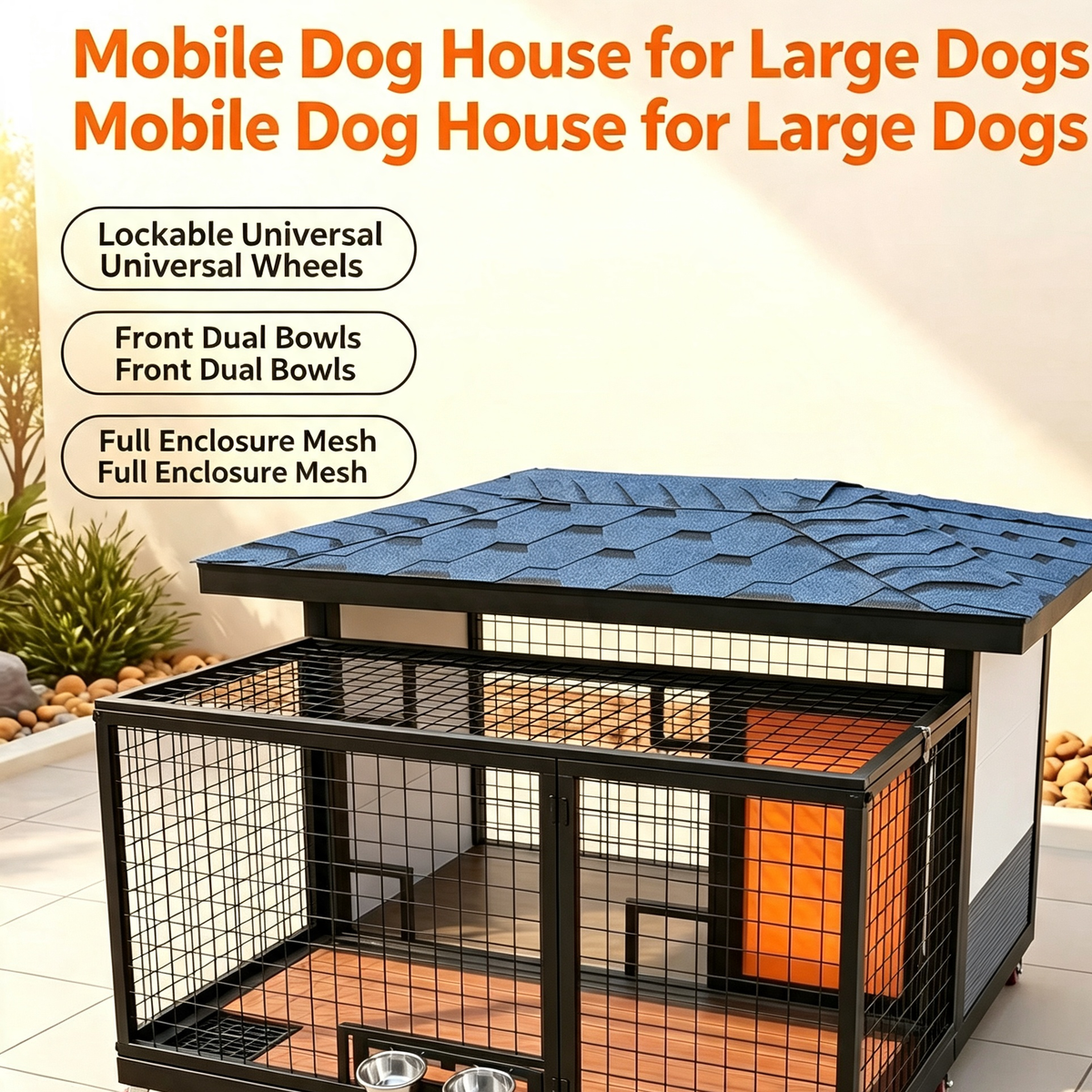 Outdoor Dog House with Wheels and Feeding Bowls product view 6