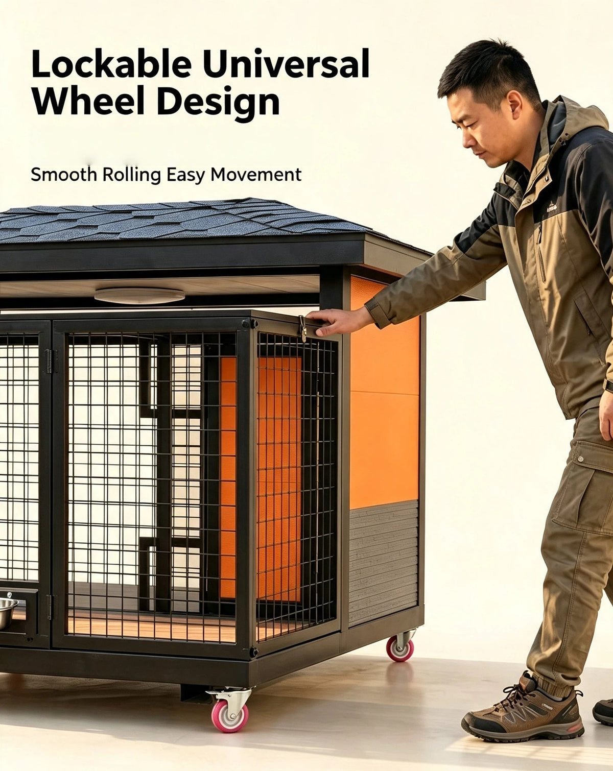 Outdoor Dog House with Wheels and Feeding Bowls product view 7
